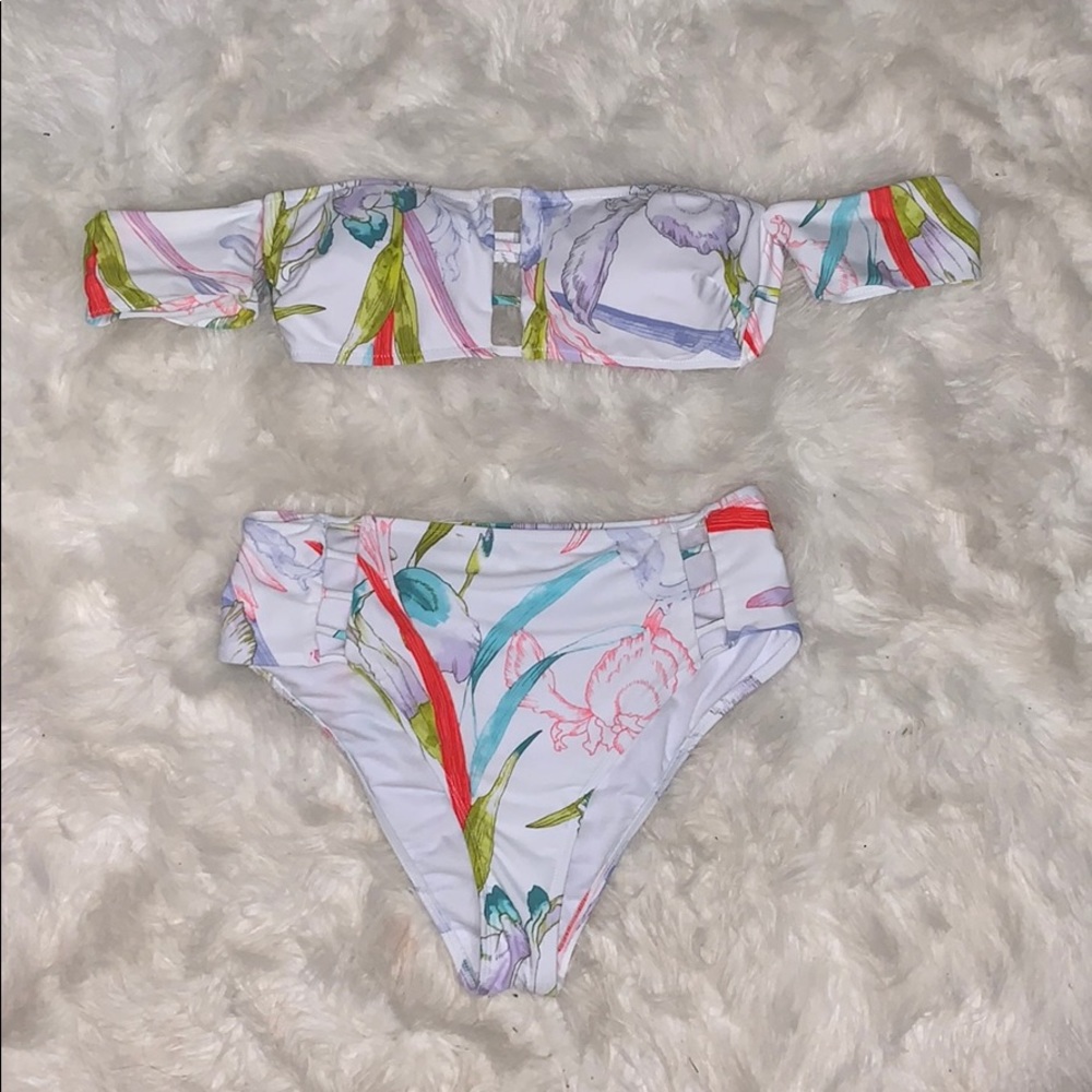 Two piece tropical swimsuit with off the shoulder